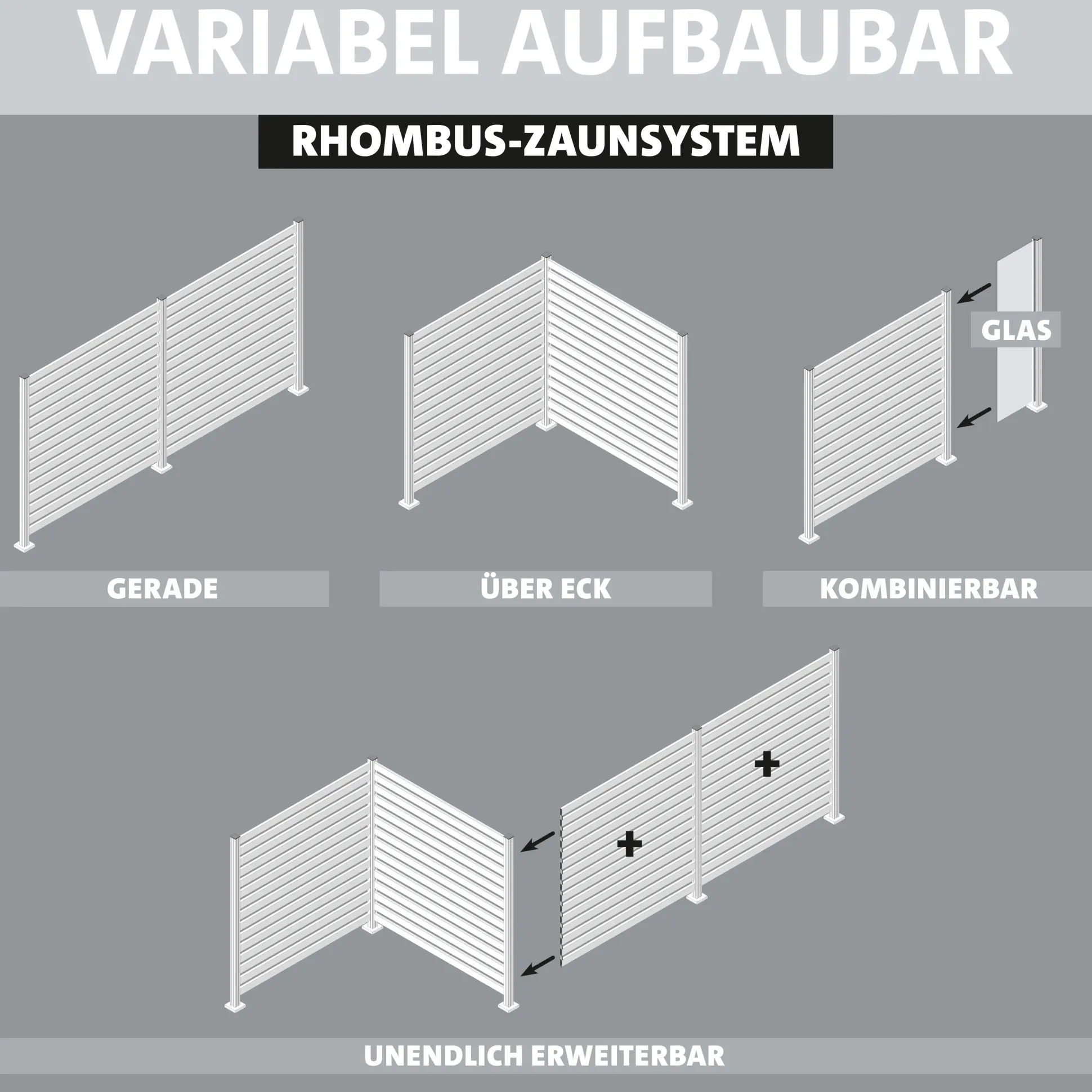 Ambiente Alu-Zaun Erweiterungsset Rhombus MAXI 187 x 184,2 cm grau