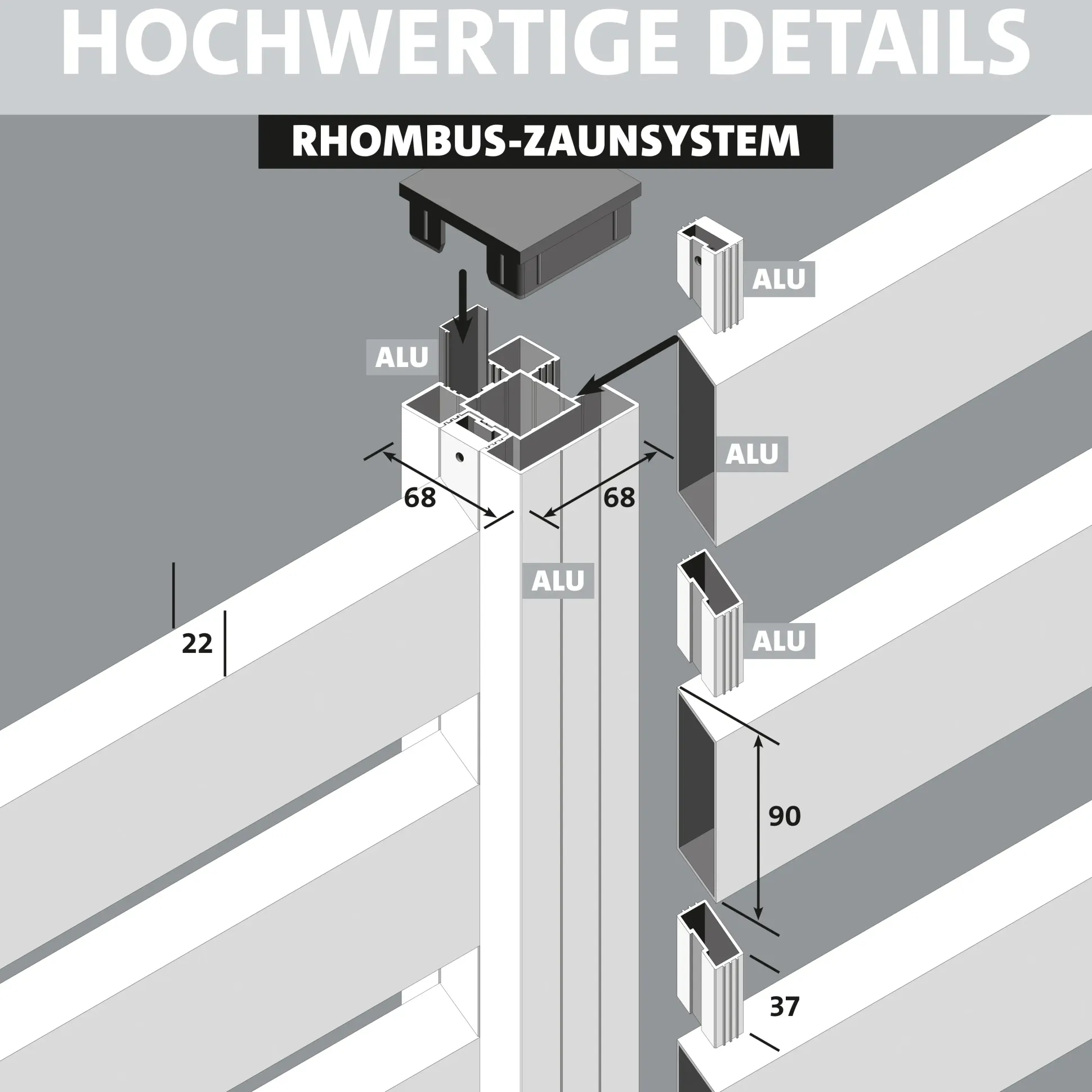 Ambiente Alu-Zaun Erweiterungsset Rhombus MAXI 187 x 184,2 cm grau