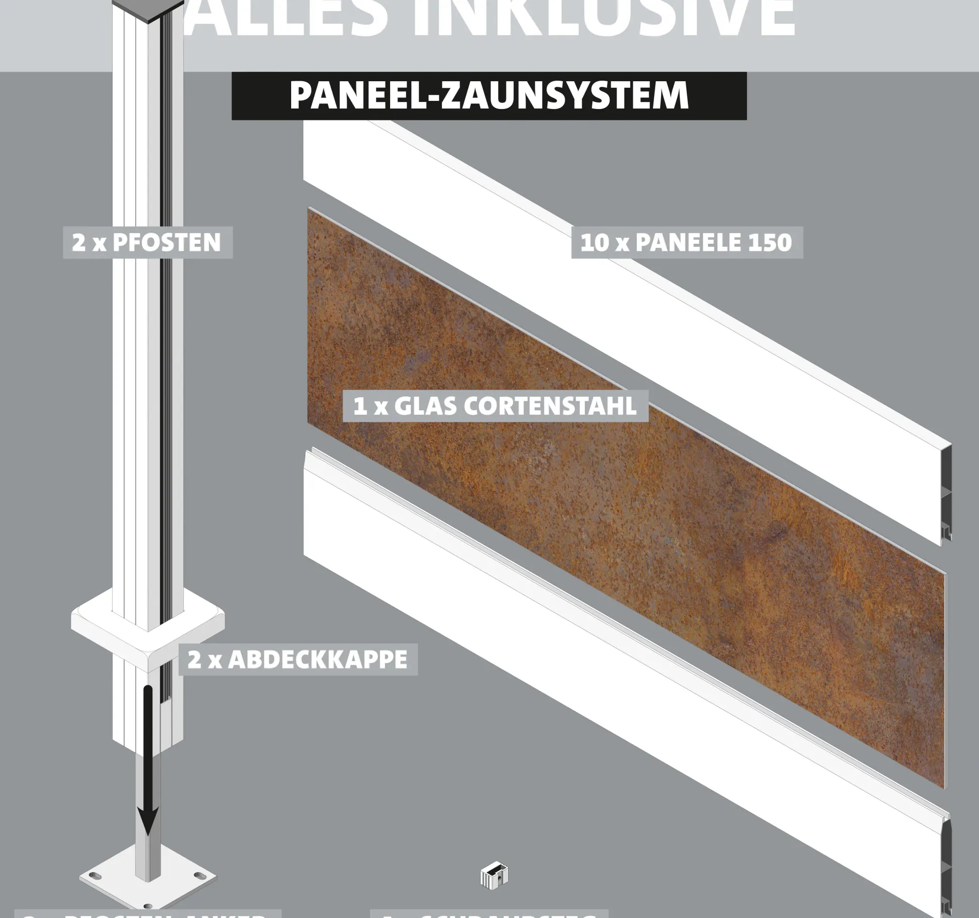 Ambiente Alu-Zaun Grundset Paneel 150 grau 187 x 184,2 cm 68 mm
