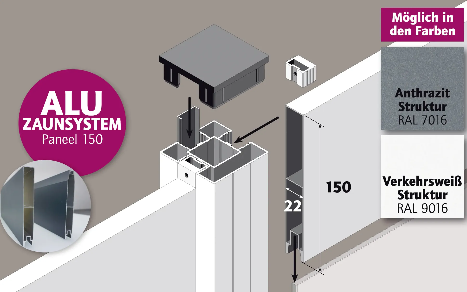 Ambiente Alu-Zaun Paneel 150 + ESG 8 mm 120 cm x 180 cm 22 mm stark