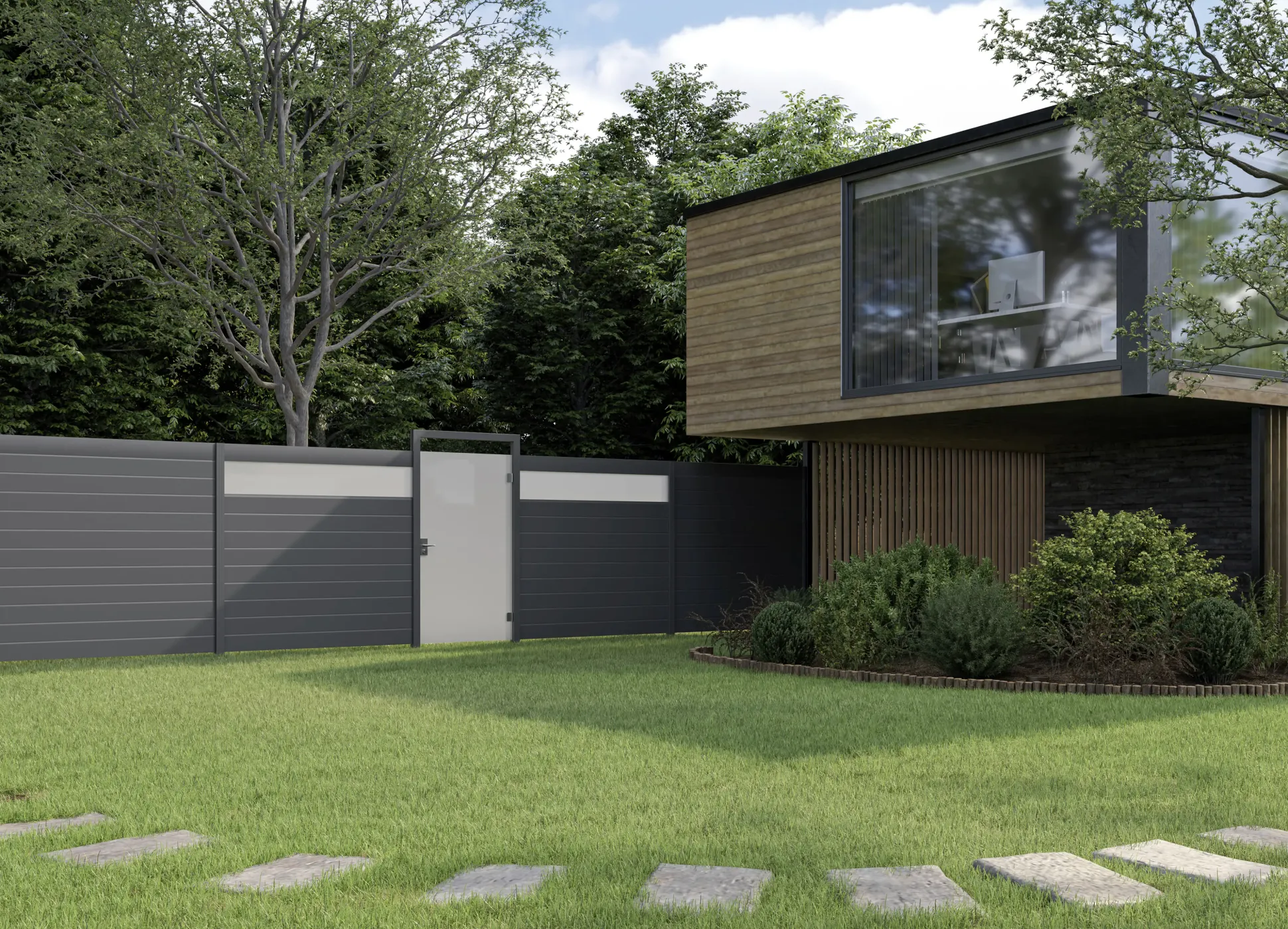 Ambiente Alu-Zaun Paneel 150 + ESG 8 mm 180 cm x 180 cm 22 mm stark