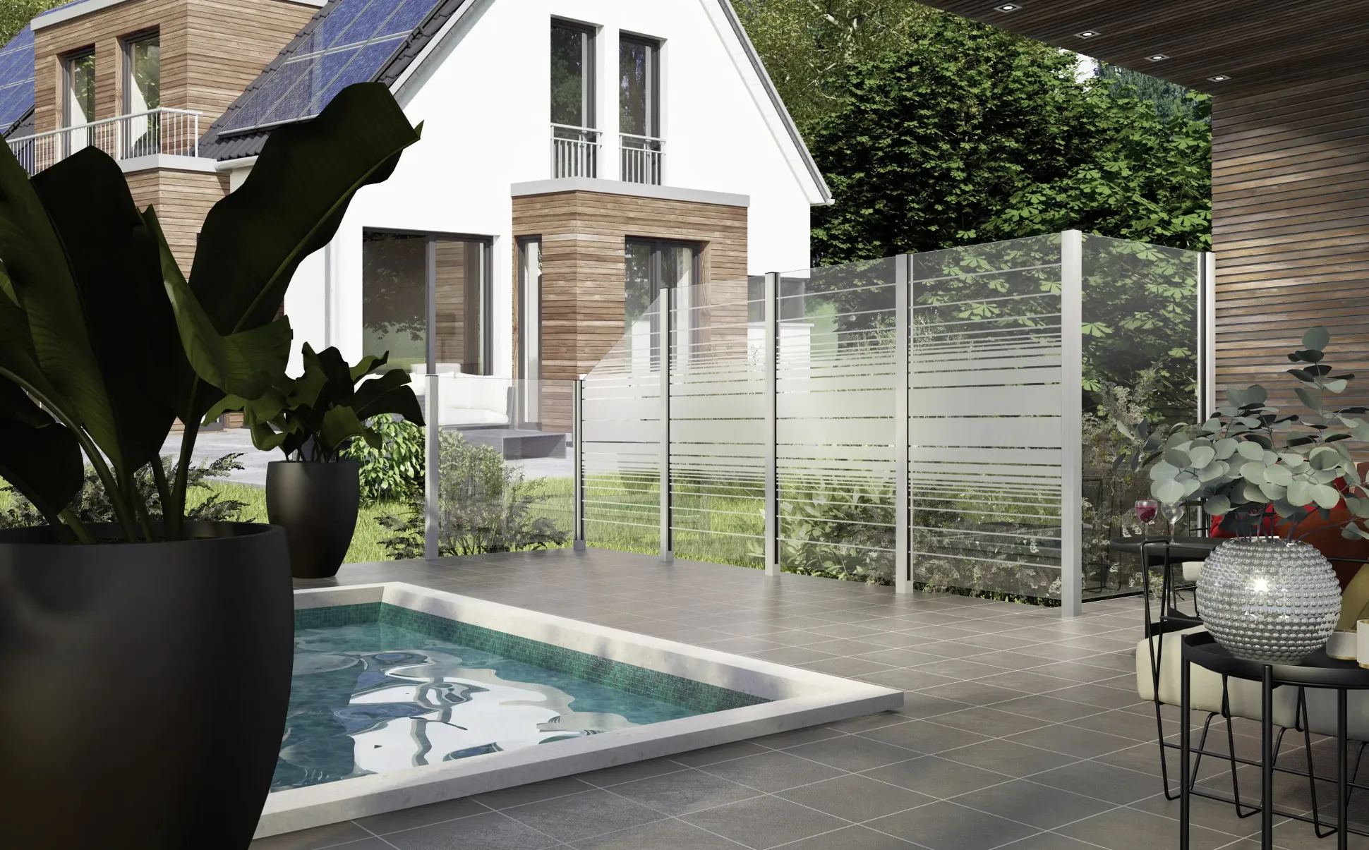 Ambiente Glaszaun schräg B: 120 x H: L 180/R 120 cm, gehärtetes 8 mm Glas