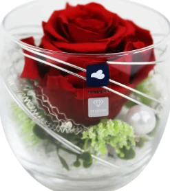 Arrangement Langzeitrose "Long Life", rot im Whiskeyglas mit Deko