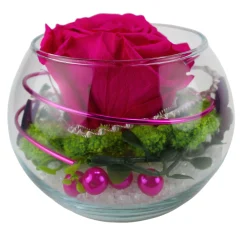 Arrangement Langzeitrose "Long Life", pink im Whiskeyglas mit Deko