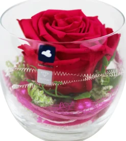 Arrangement Langzeitrose "Long Life", pink im Whiskeyglas mit Deko