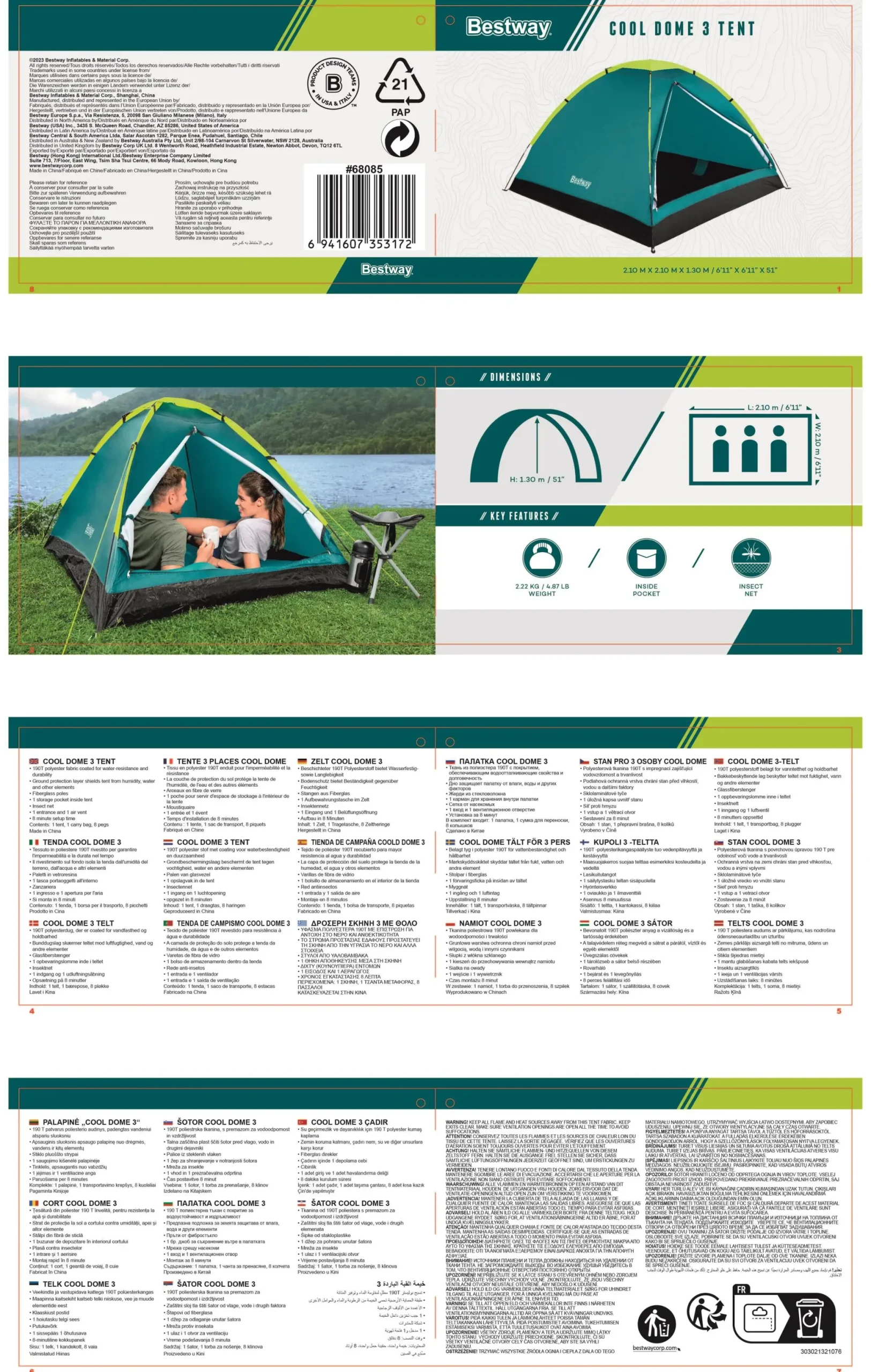 Bestway 3-Personen-Zelt Cool Dome 3 grün 210 x 210 x 130 cm
