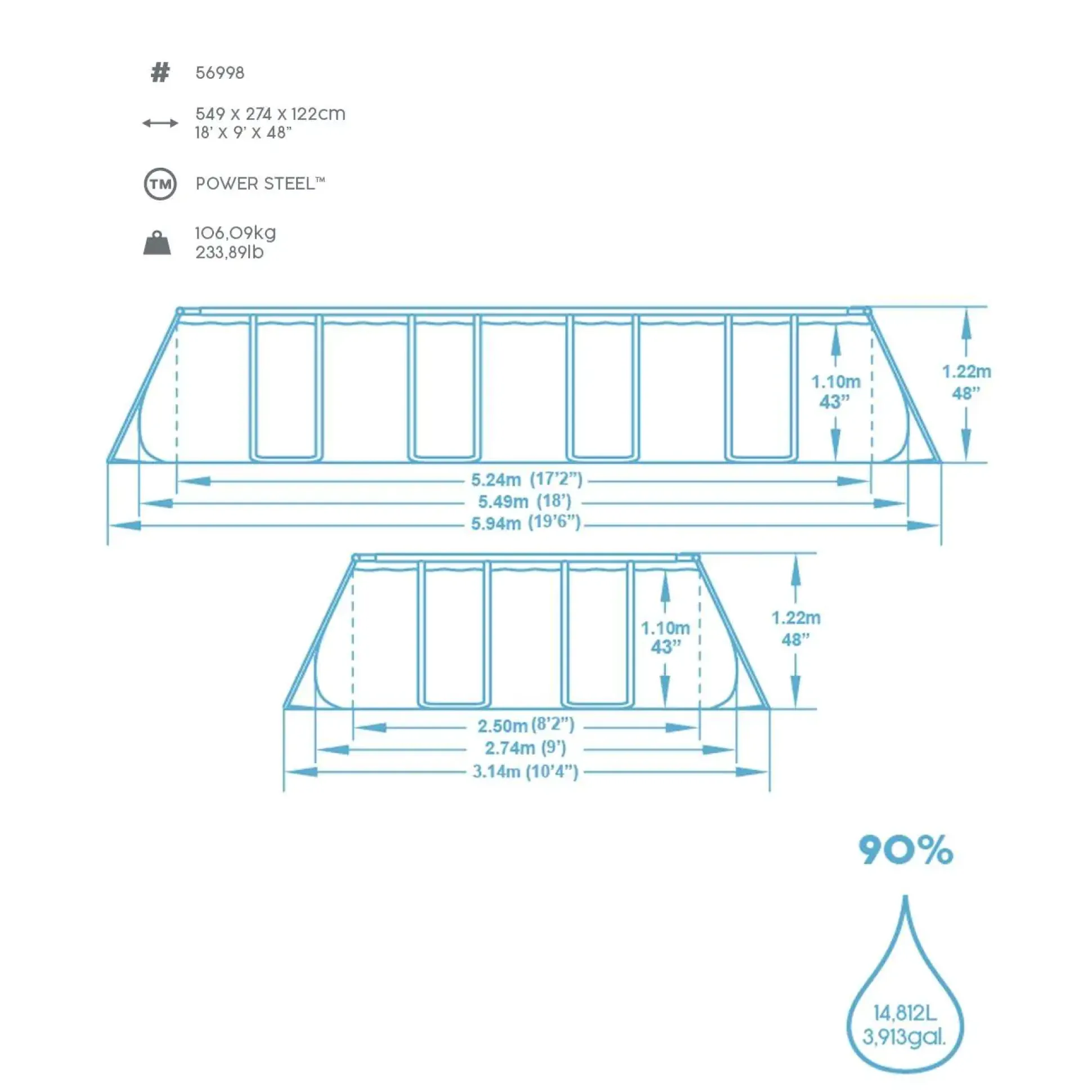 Bestway Power Steel Frame Pool Komplett-Set eckig 549 x 274 x 122 cm