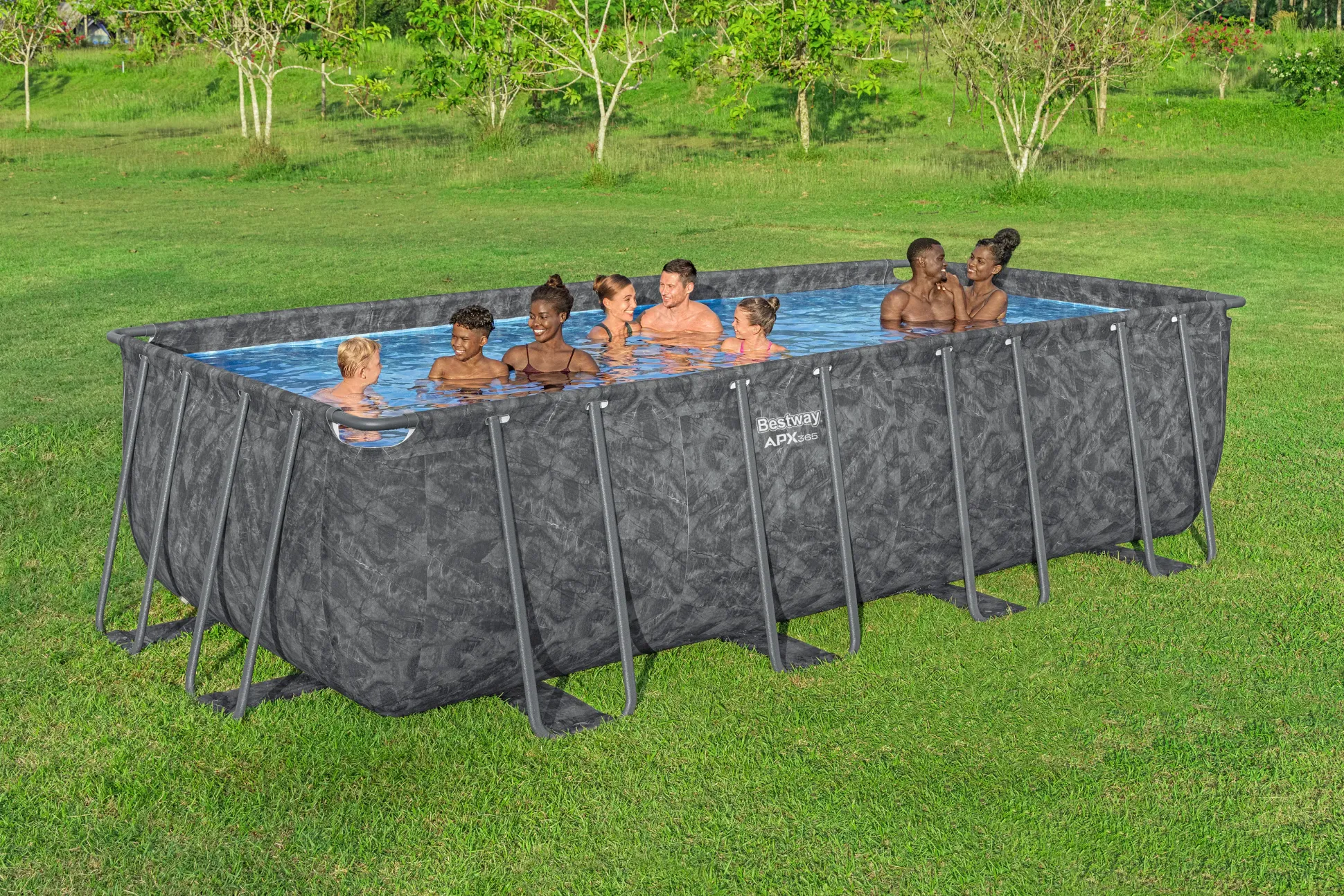 Bestway Winterfestes Frame Pool APX365 Komplett-Set mit Sandfilteranlage 549 x 274 x 132 cm marmor-optik eckig