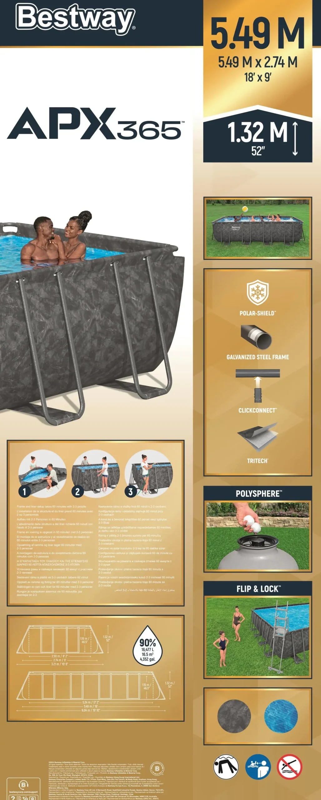 Bestway Winterfestes Frame Pool APX365 Komplett-Set mit Sandfilteranlage 549 x 274 x 132 cm marmor-optik eckig