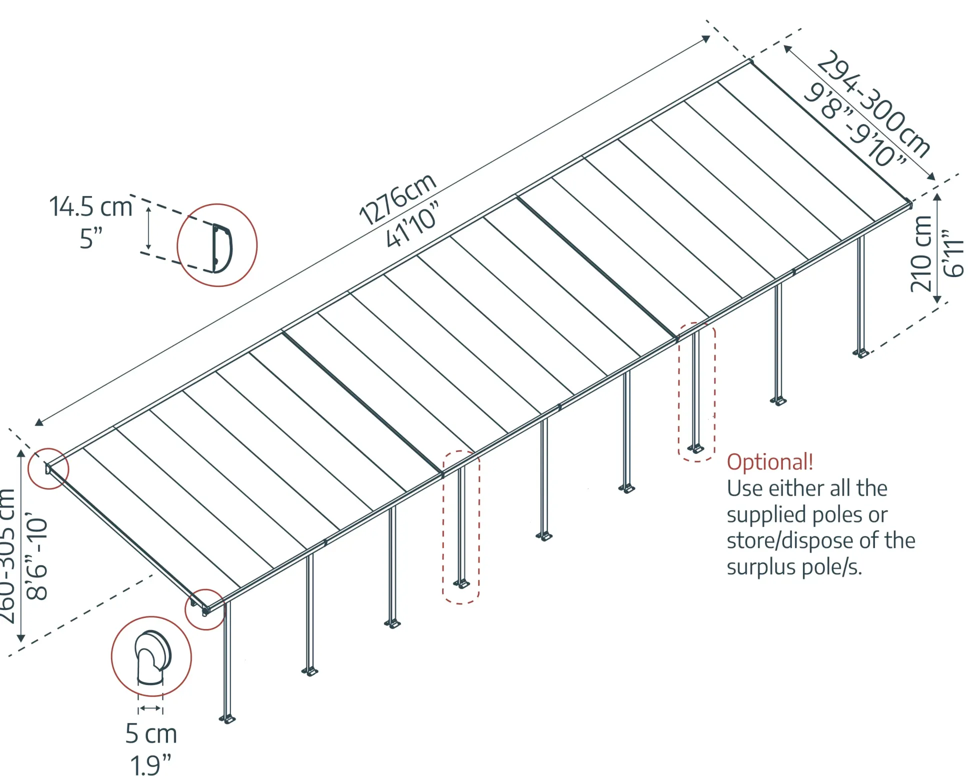 Canopia Terrassendach 1275 x 300 cm grau