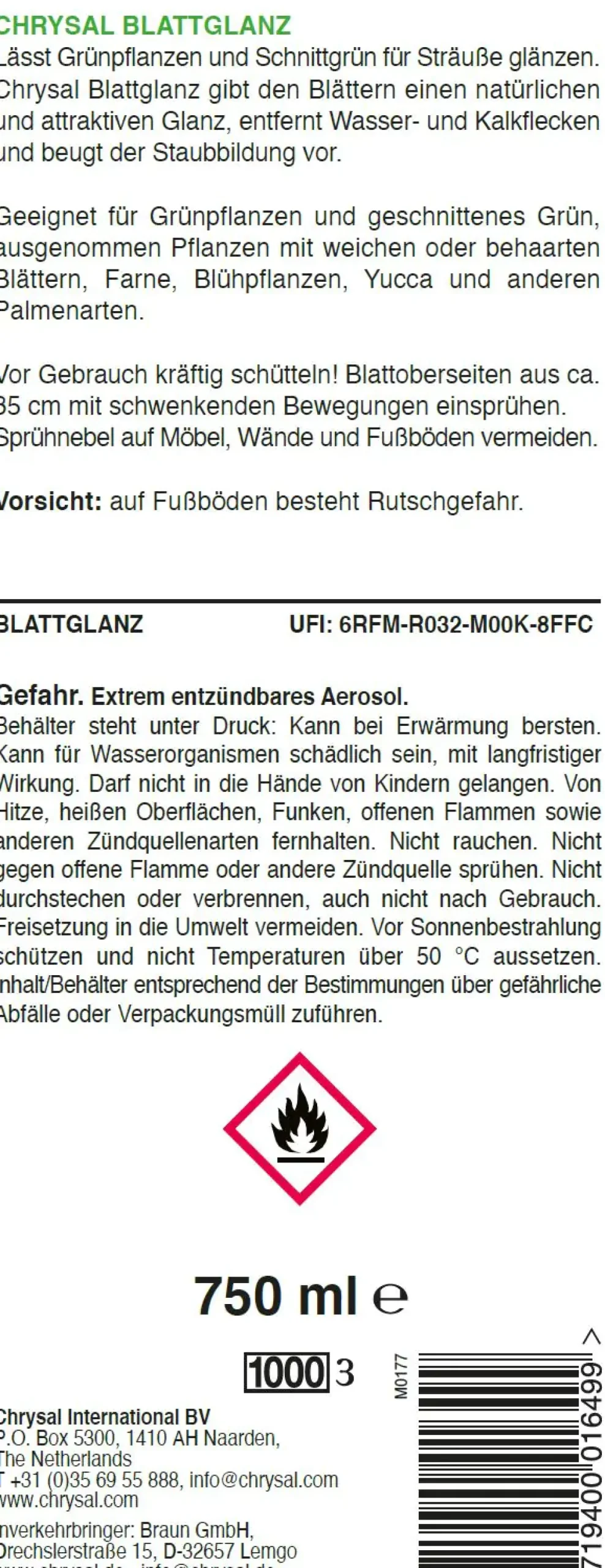 Chrysal Pflanzenspray Blattglanz 750 ml