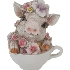 Dekofigur Schwein mit Blumen in Tasse 15 x 12,5 x 10,5 cm weiß rosa