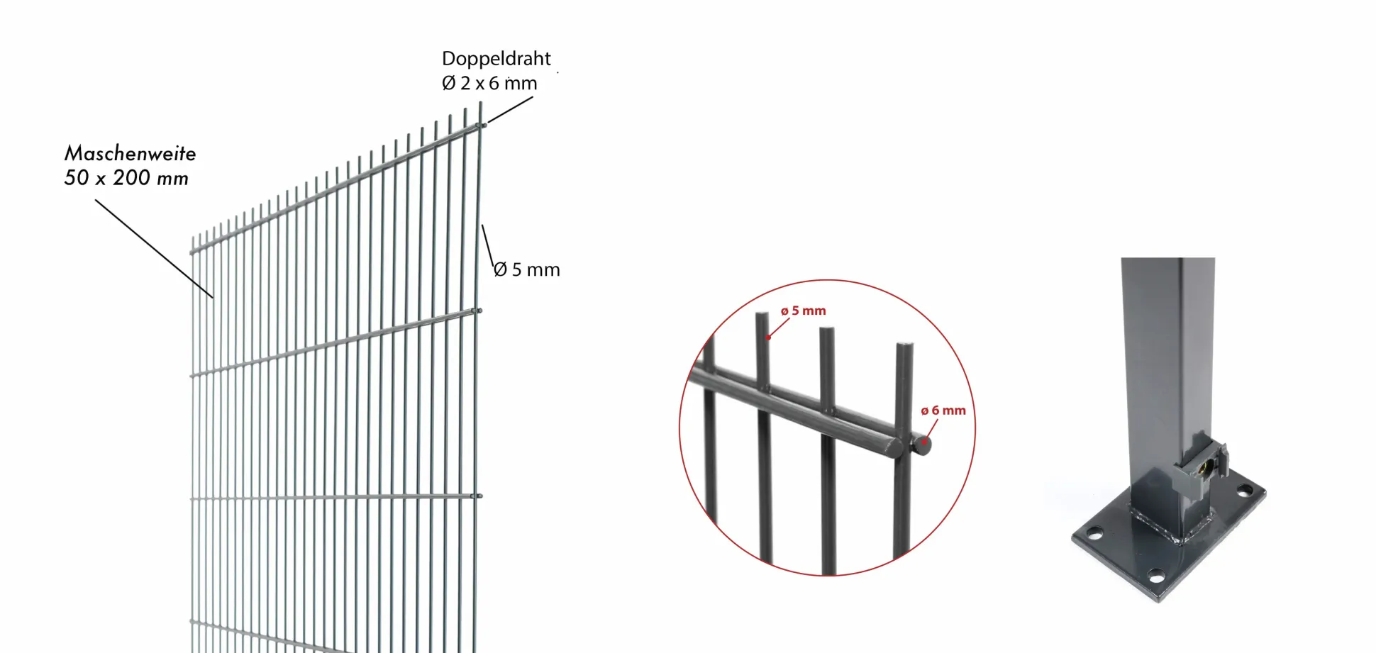 Floraworld Doppelstabmatten-Zaun Set Comfort 20 m 201 x 83 cm mit Bodenplatte & 11 Pfosten 89 cm anthrazit