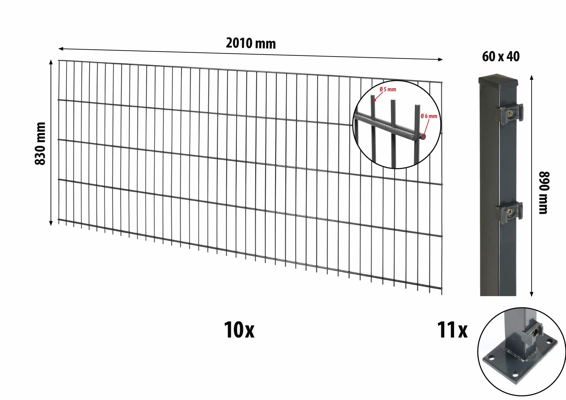 Floraworld Doppelstabmatten-Zaun Set Comfort 20 m 201 x 83 cm mit Bodenplatte & 11 Pfosten 89 cm anthrazit