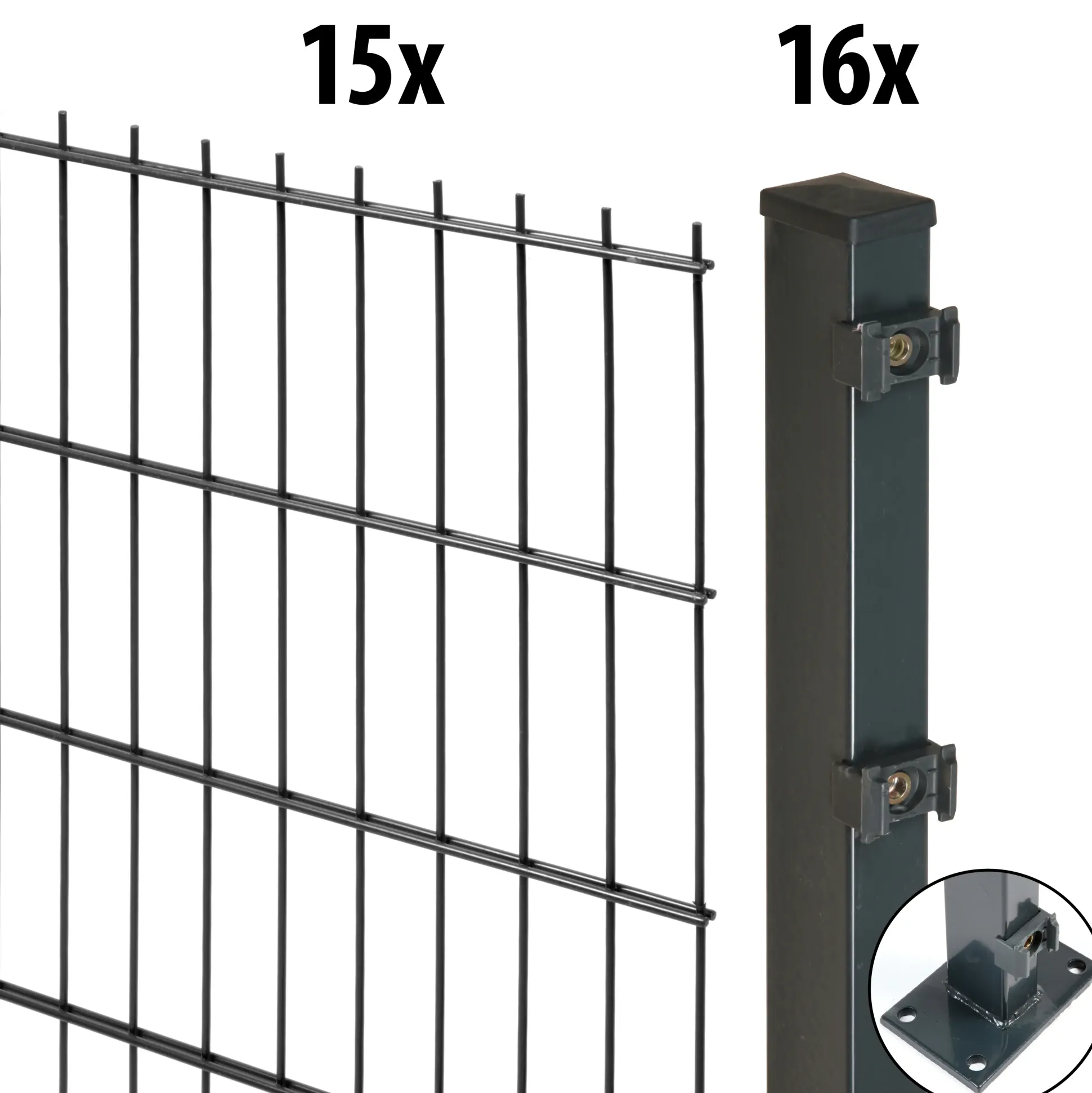 Floraworld Doppelstabmatten-Zaun Set Comfort 30 m 201 x 143 cm mit Bodenplatte & 16 Pfosten 149 cm anthrazit