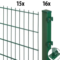 Floraworld Doppelstabmatten-Zaun Set Comfort 30 m 201 x 183 cm mit Bodenplatte & 16 Pfosten 189 cm moosgrün