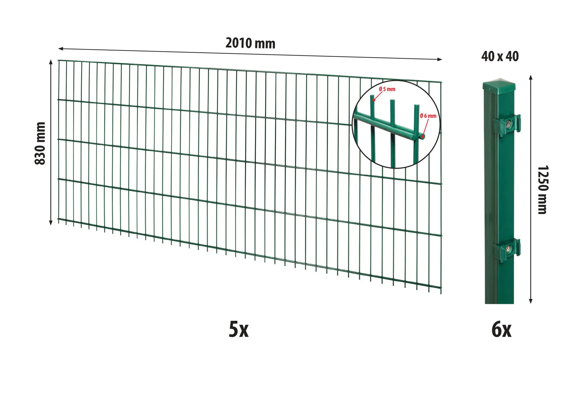 Floraworld Doppelstabmatten-Zaun Set 10 m 201 x 83 cm inkl. 6 Pfosten 125 cm moosgrün