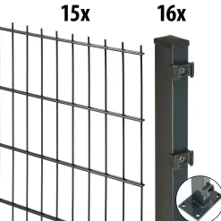 Floraworld Doppelstabmatten-Zaun Set Comfort 30 m 201 x 123 cm mit Bodenplatte & 6 Pfosten 129 cm anthrazit