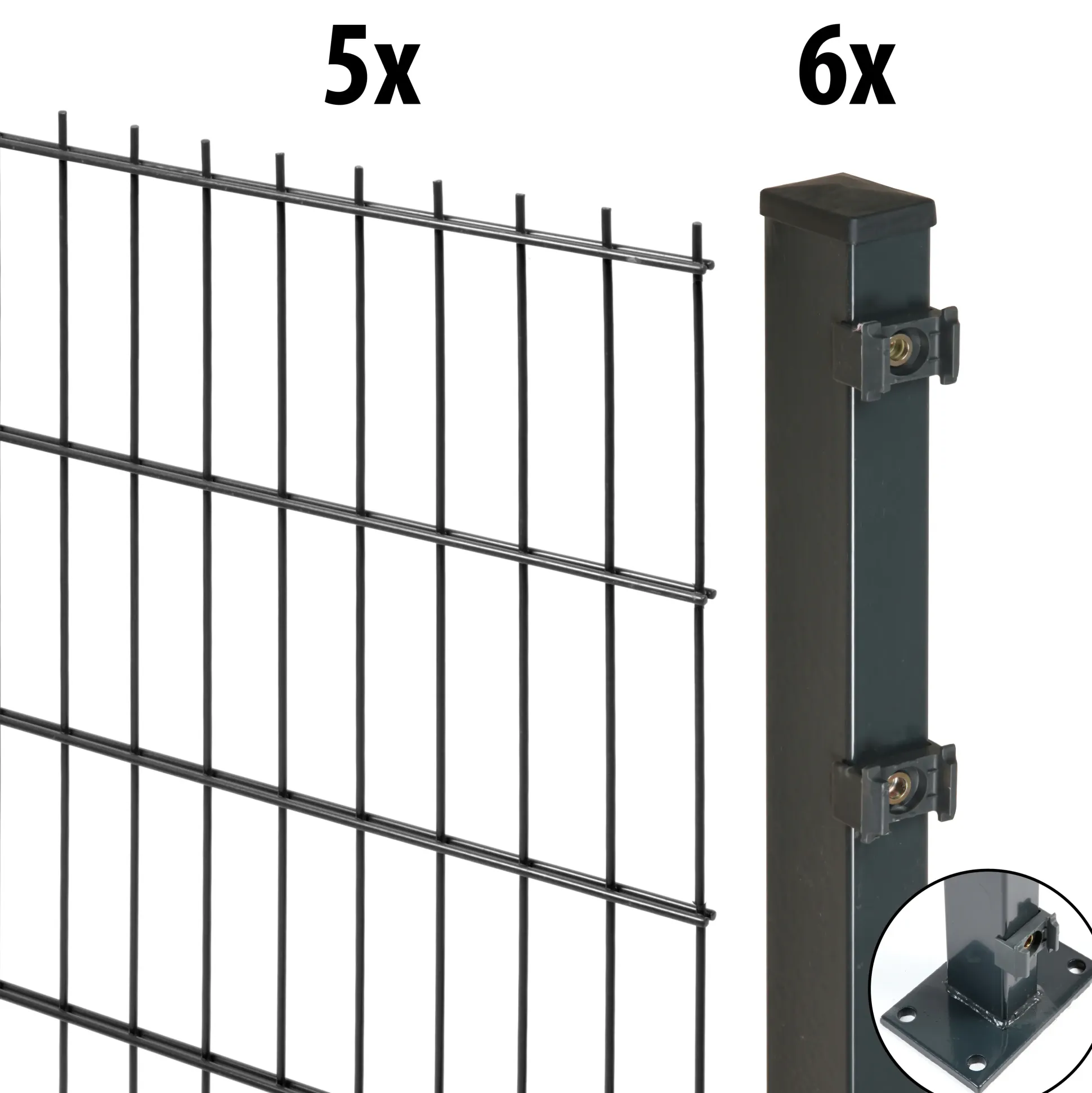 Floraworld Doppelstabmatten-Zaun Set Comfort 10 m 201 x 103 cm mit Bodenplatte & 6 Pfosten 109 cm anthrazit