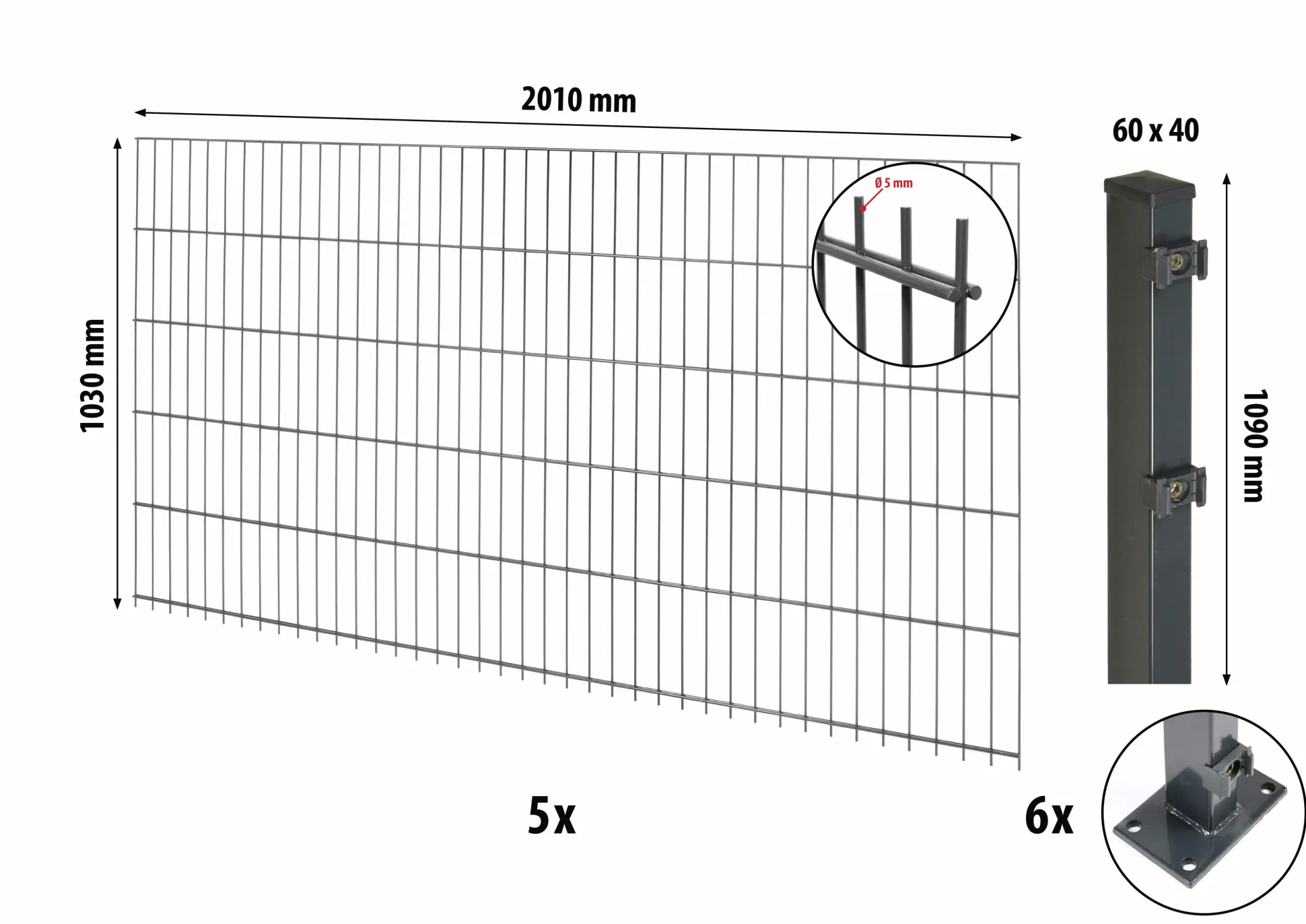 Floraworld Doppelstabmatten-Zaun Set Comfort 10 m 201 x 103 cm mit Bodenplatte & 6 Pfosten 109 cm anthrazit