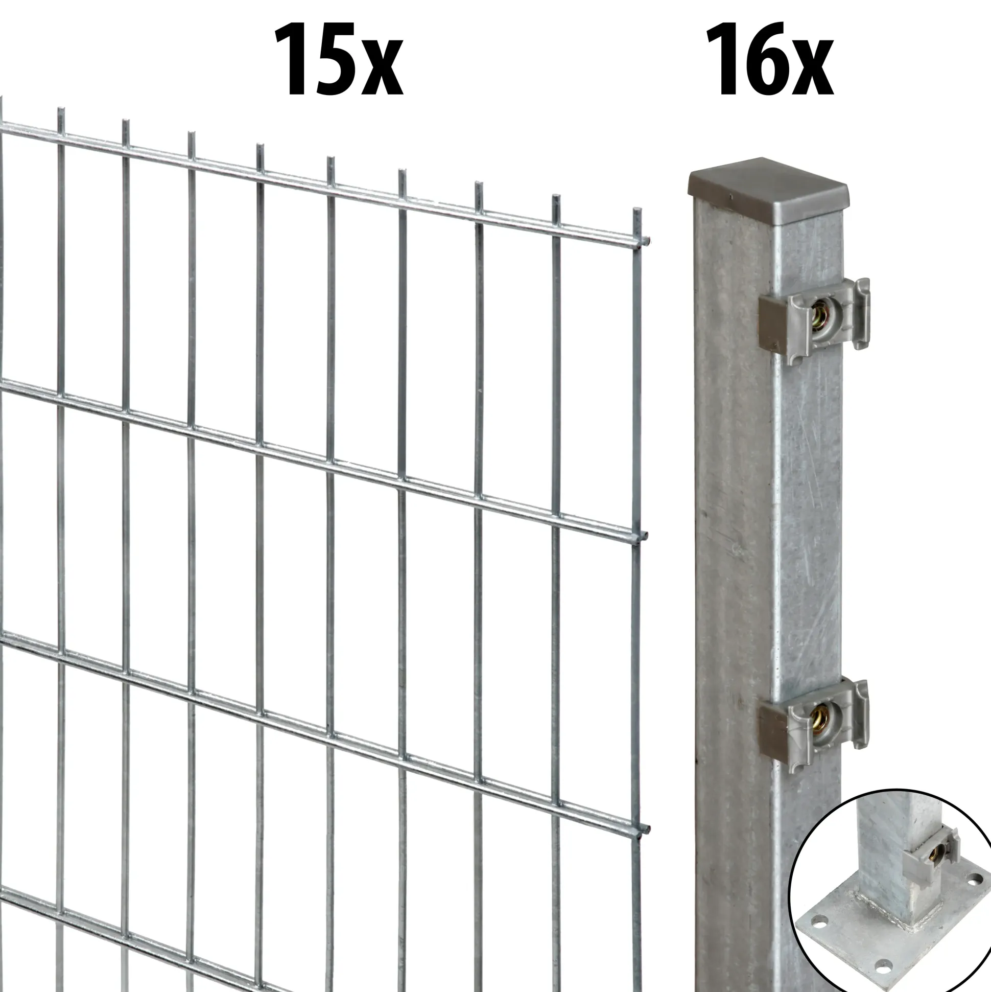 Floraworld Doppelstabmatten-Zaun Set Comfort 30 m 201 x 103 cm mit Bodenplatte & 16 Pfosten 109 cm feuerverzinkt