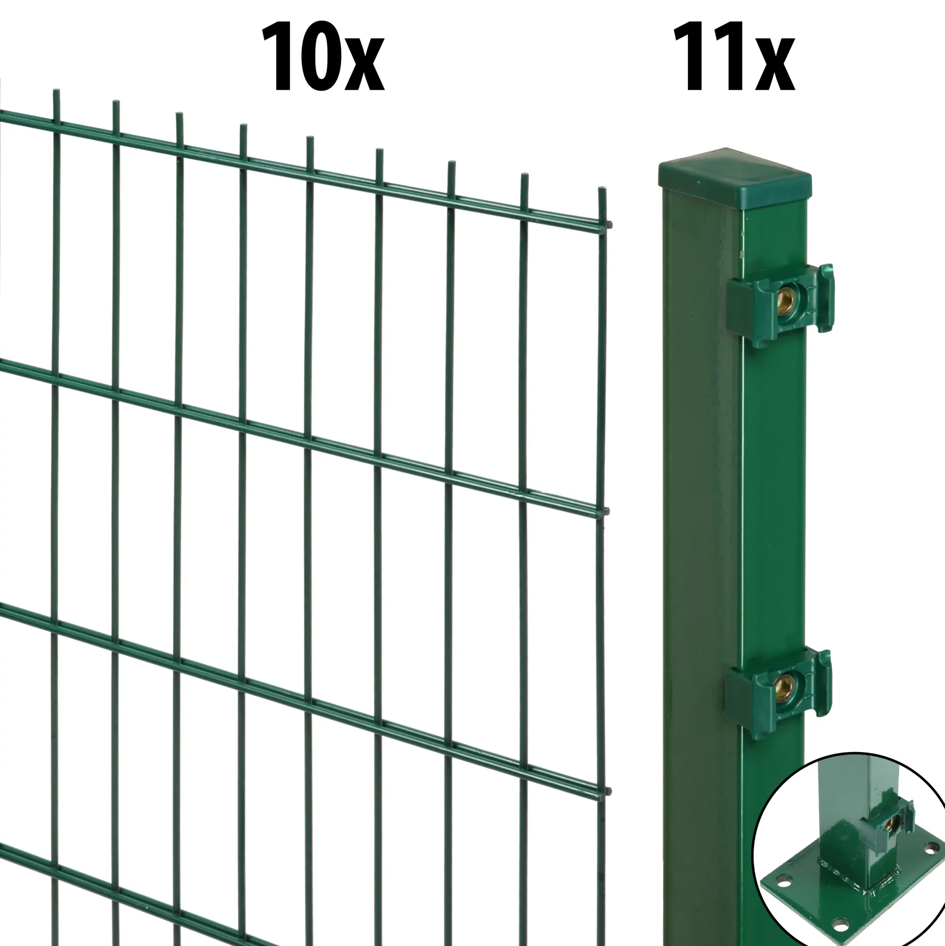 Floraworld Doppelstabmatten-Zaun Set Comfort 20 m 201 x 143 cm mit Bodenplatte & 11 Pfosten 149 cm moosgrün