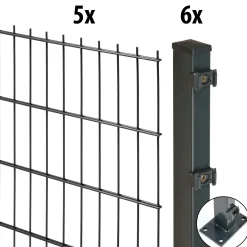 Floraworld Doppelstabmatten-Zaun Set Comfort 10 m 201 x 163 cm mit Bodenplatte & 6 Pfosten 169,3 cm anthrazit