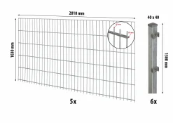 Floraworld Doppelstabmatten-Zaun Set Comfort 10 m 201 x 103 cm inkl. 6 Pfosten 150 cm feuerverzinkt