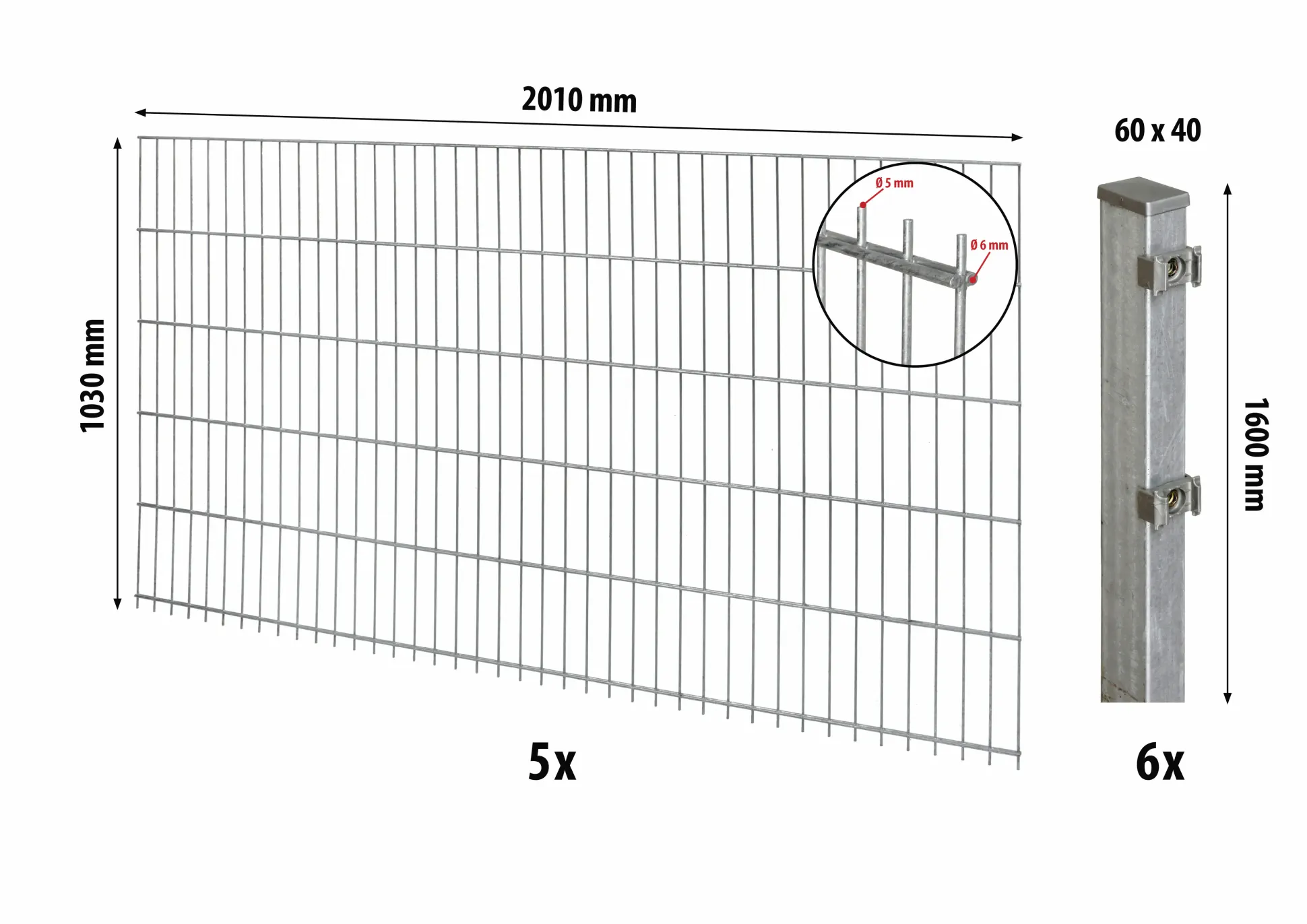 Floraworld Doppelstabmatten-Zaun Set Comfort 10 m 201 x 103 cm inkl. 6 Pfosten 160 cm feuerverzinkt