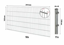 Floraworld Doppelstabmatten-Zaun Set Comfort 20 m 201 x 103 cm inkl. 11 Pfosten 150 cm feuerverzinkt