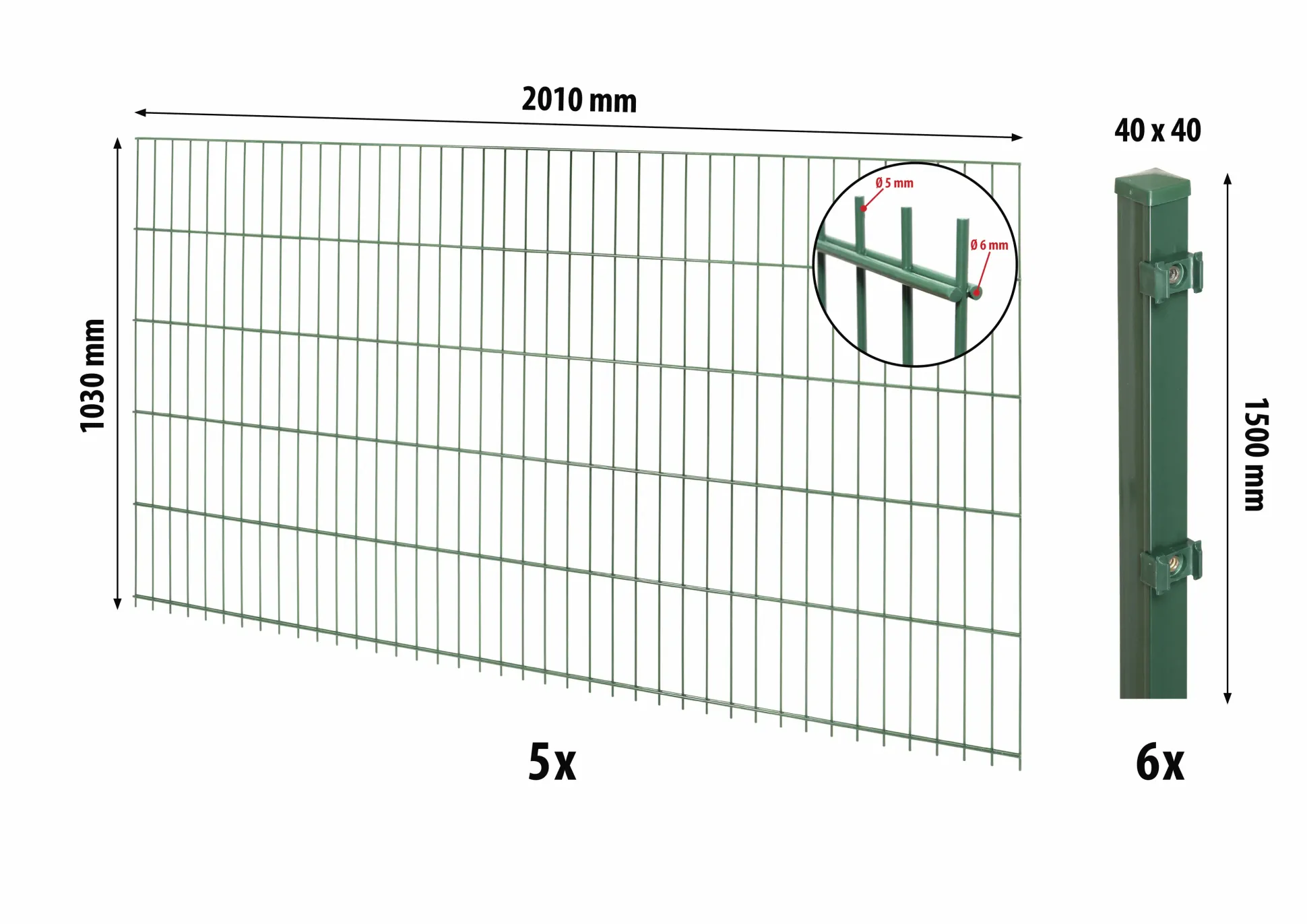 Floraworld Doppelstabmatten-Zaun Set Comfort 10 m 201 x 103 cm inkl. 6 Pfosten 150 cm moosgrün