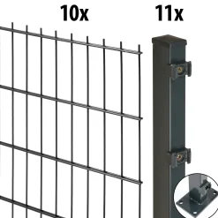 Floraworld Doppelstabmatten-Zaun Set Comfort 20 m 201 x 143 cm mit Bodenplatte & 11 Pfosten 149 cm anthrazit