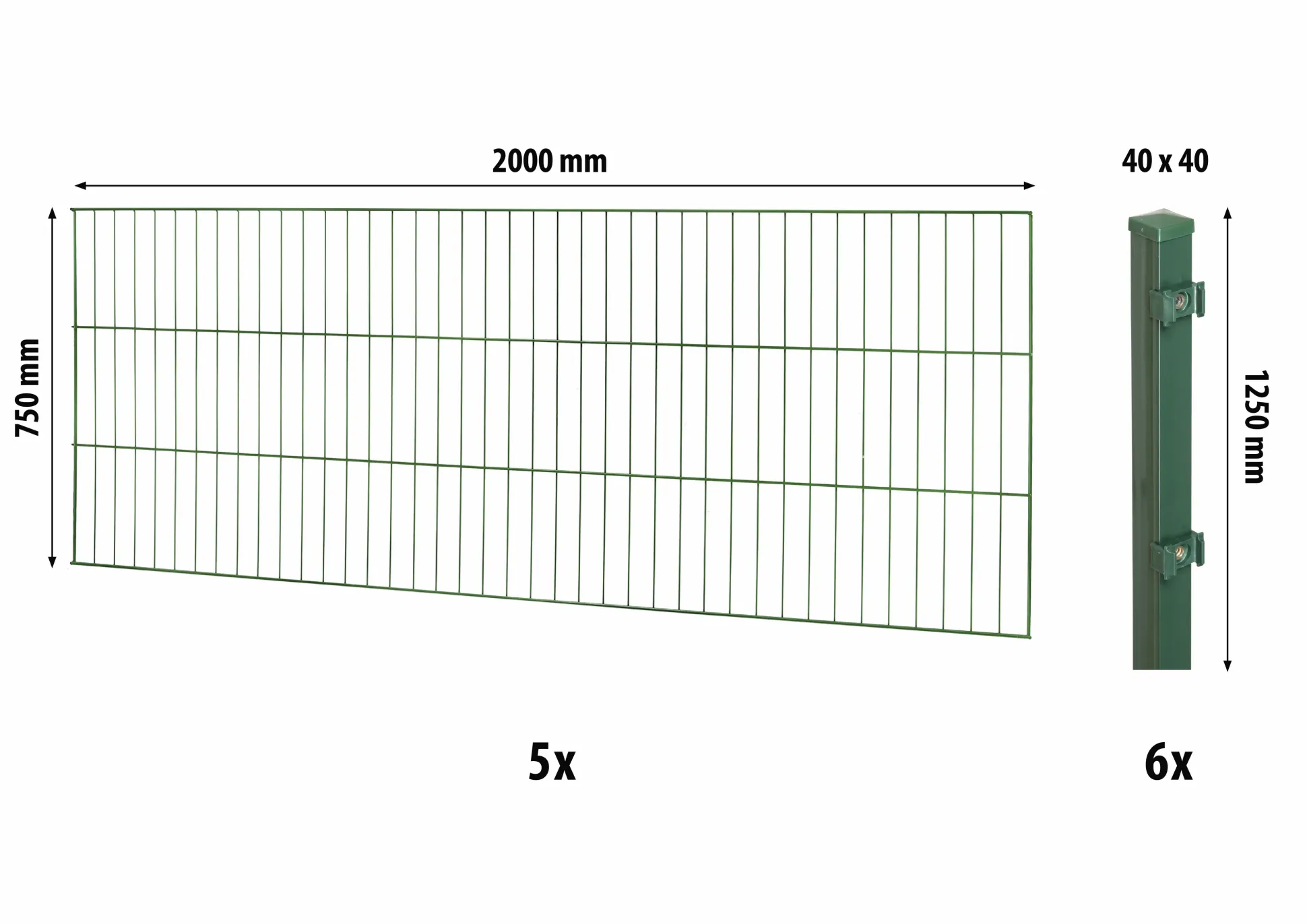 Floraworld Einstabmatten-Zaun Set Classic 10 m 200 x 75 cm inkl. 6 Pfosten 125 cm moosgrün