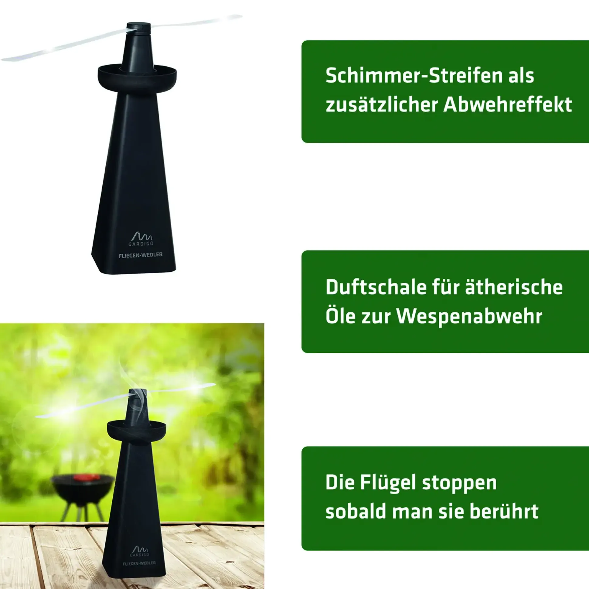 Gardigo Fliegenwedler & Wespenverdufter mit Aufhängehaken schwarz
