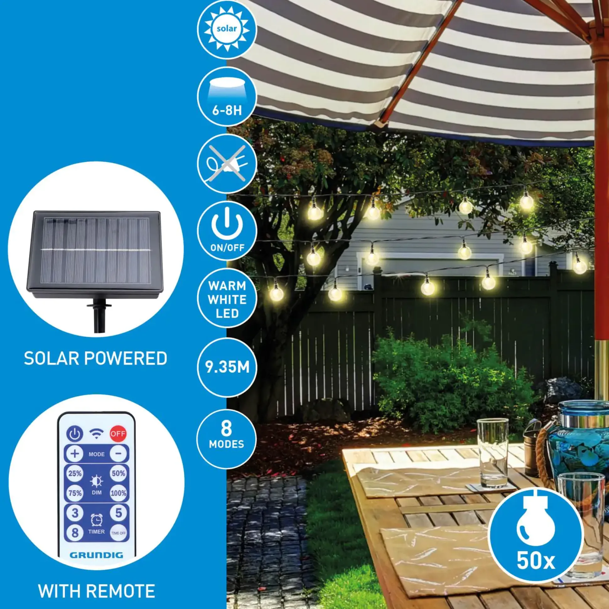 Grundig LED Solar Lichterkette mit 50 Leuchtköpfen