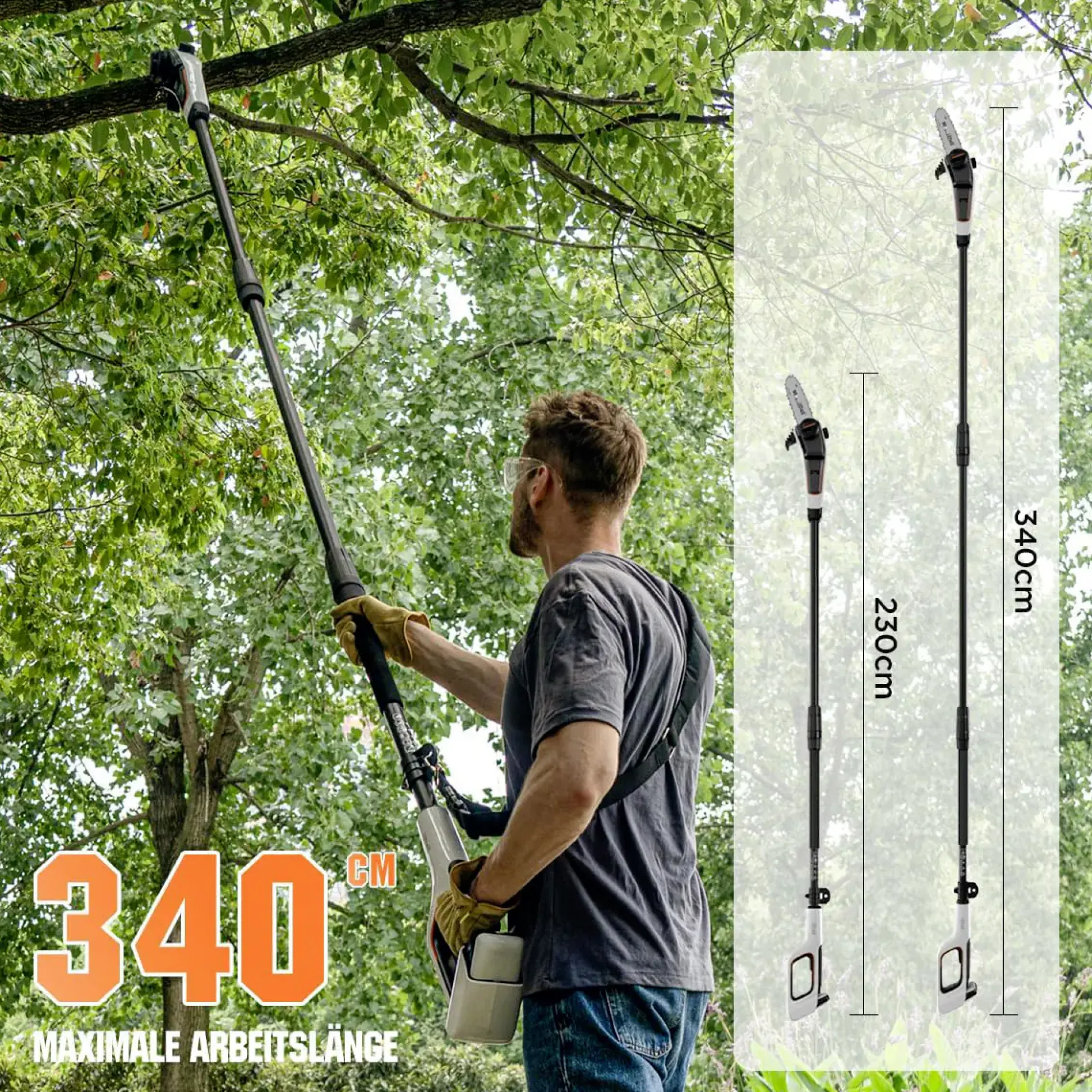Litheli Akku-Hochentaster, 2 Ah, Schwertlänge: 200 mm, Länge Stiel: 340 cm
