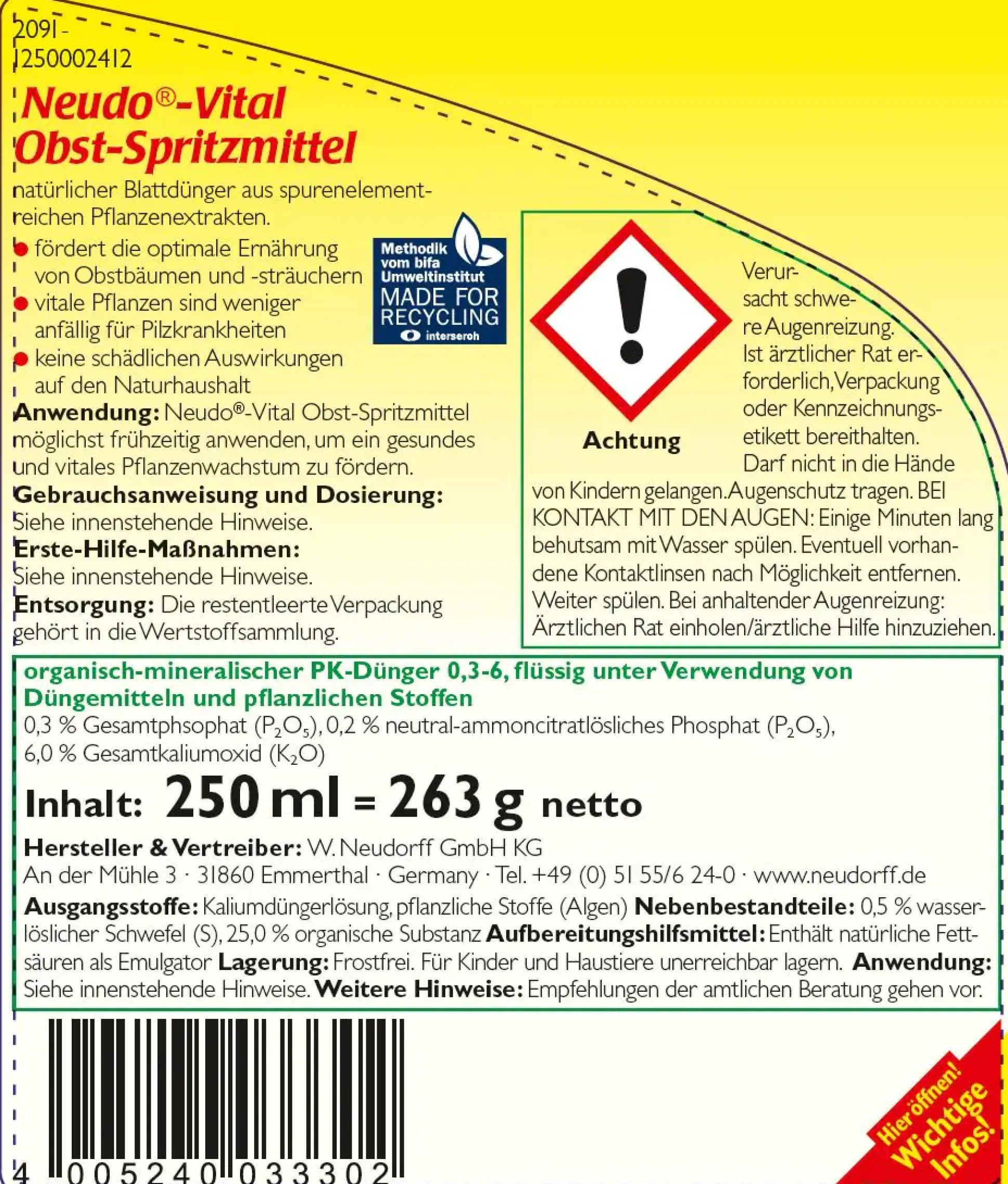 Neudorff Neudo Vital Obst Spritzmittel 250 ml