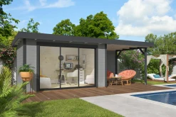 Palmako Gartenhaus Lydia 663 x 291 cm mit Glasschiebetüren grau lackiert
