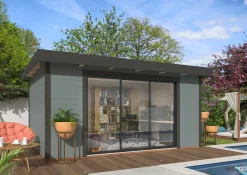Palmako Gartenhaus Lydia 450 x 330 cm mit Glasschiebetüren grau lackiert