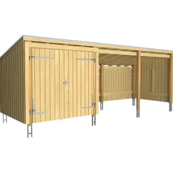 Plus Gartenhaus Nordic Multi 619 x 208 cm natur mit Doppeltür, offen, Dachpappe, H-Anker