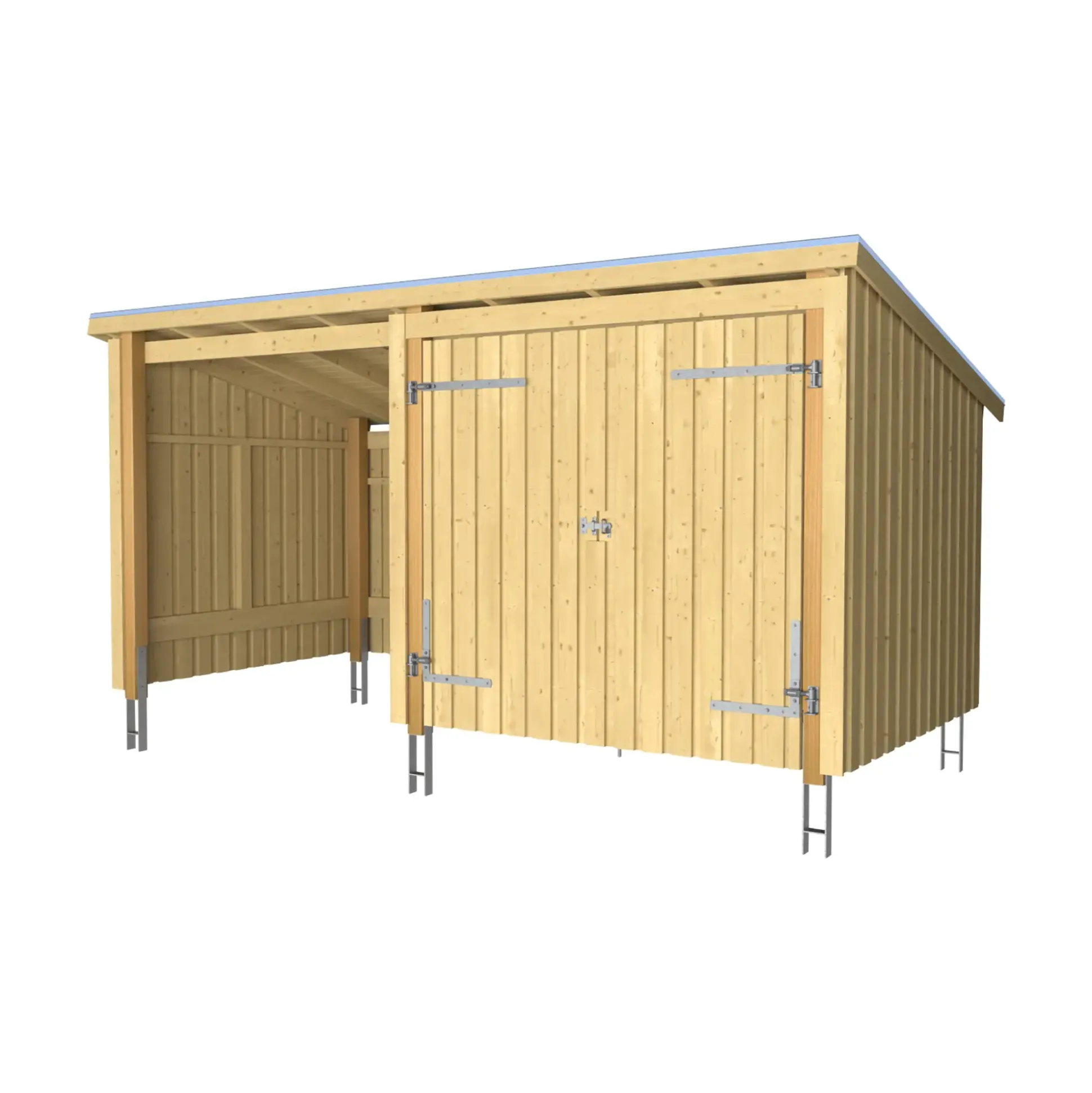Plus Gartenhaus Nordic Multi 416 x 208 cm natur mit Doppeltür, offen, Dachpappe, H-Anker