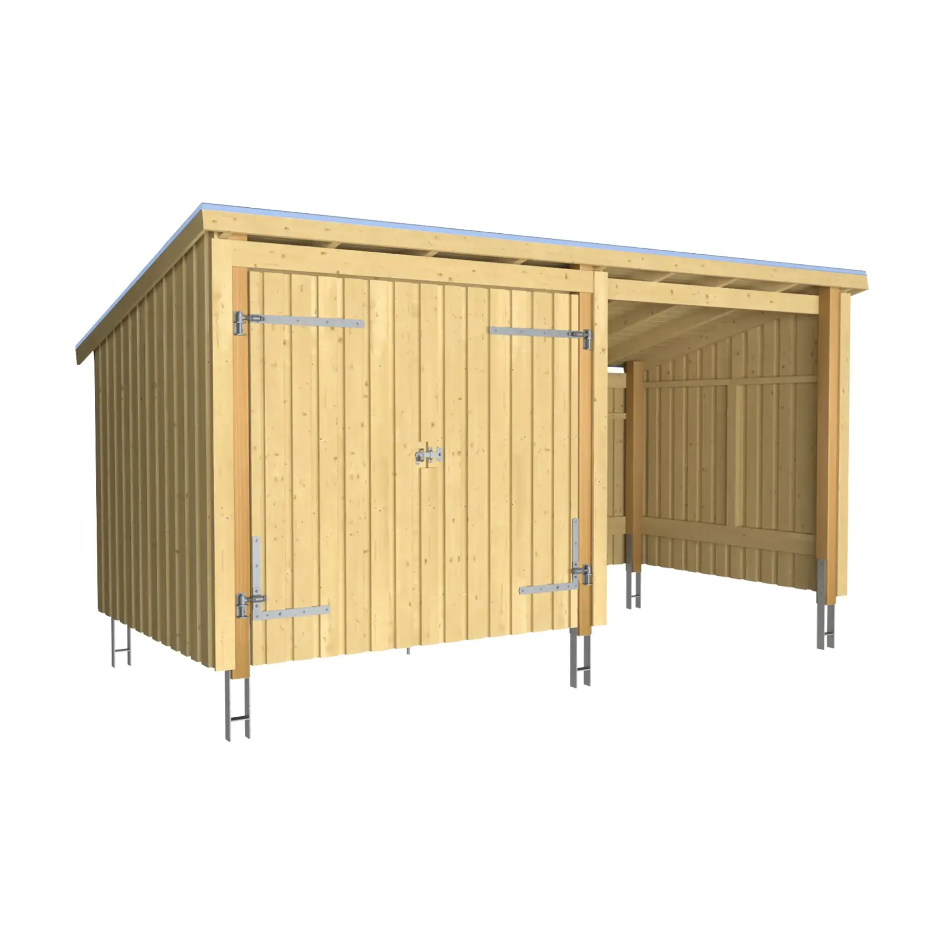 Plus Gartenhaus Nordic Multi 416 x 208 cm natur mit Doppeltür, offen, Dachpappe, H-Anker