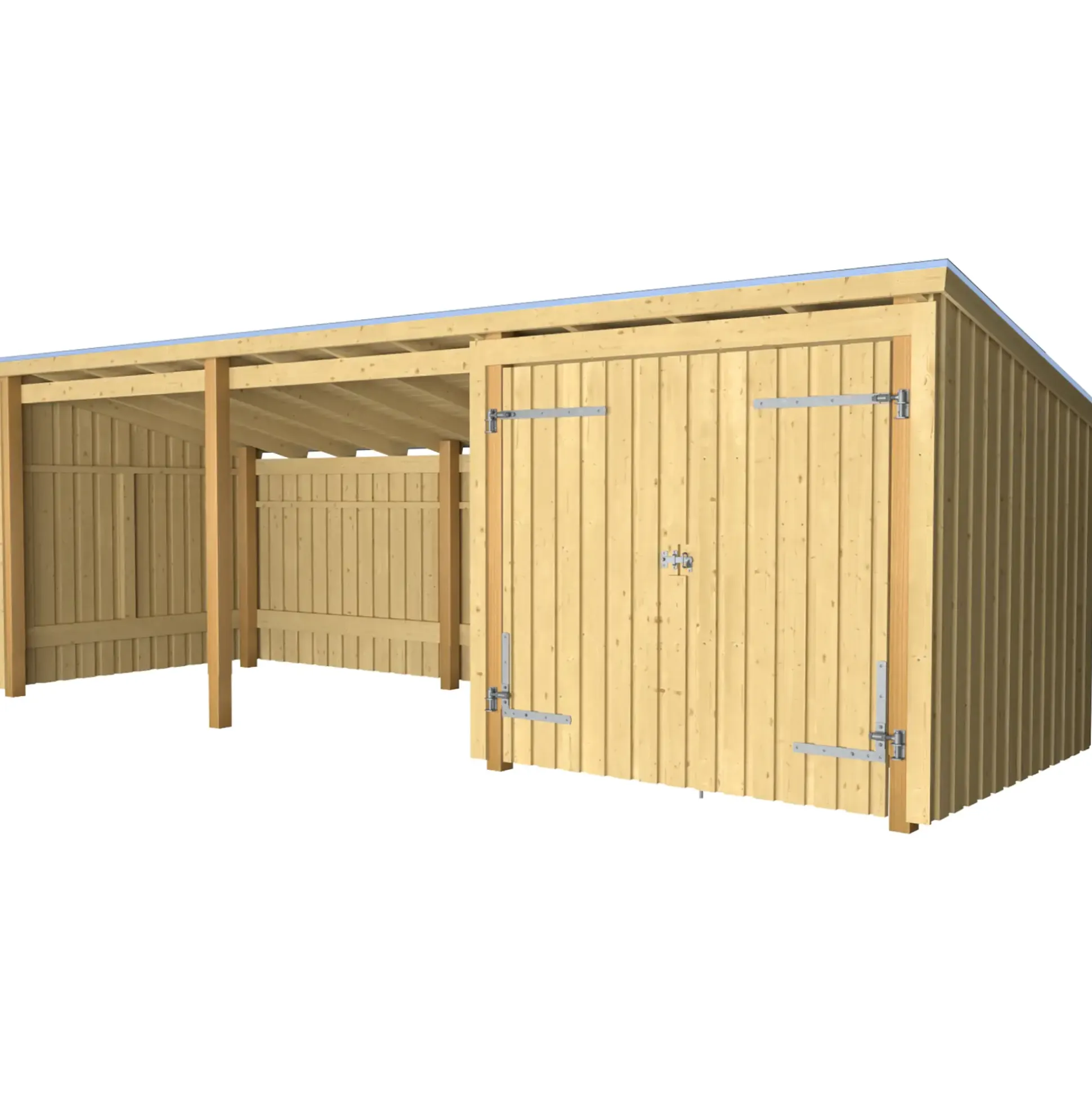 Plus Gartenhaus Nordic Multi 619 x 208 cm natur mit Doppeltür, offen, Dachpappe