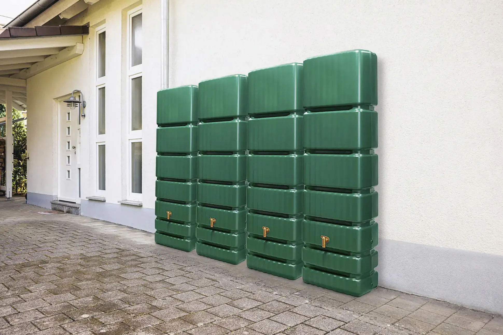 4rain Regentonne-Set Slim inkl. Zubehör Wandtank 1400 L dunkelgrün 4 Stück