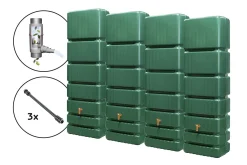 4rain Regentonne-Set Slim inkl. Zubehör Wandtank 1400 L dunkelgrün 4 Stück