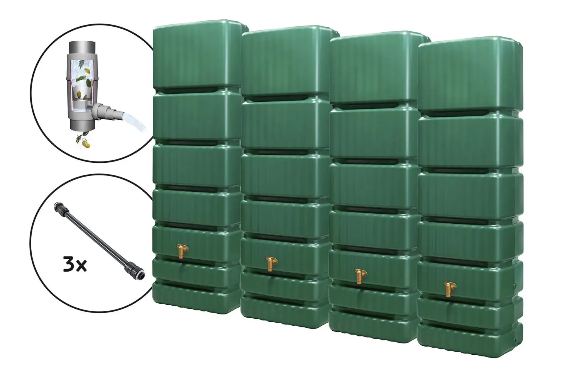 4rain Regentonne-Set Slim inkl. Zubehör Wandtank 1400 L dunkelgrün 4 Stück