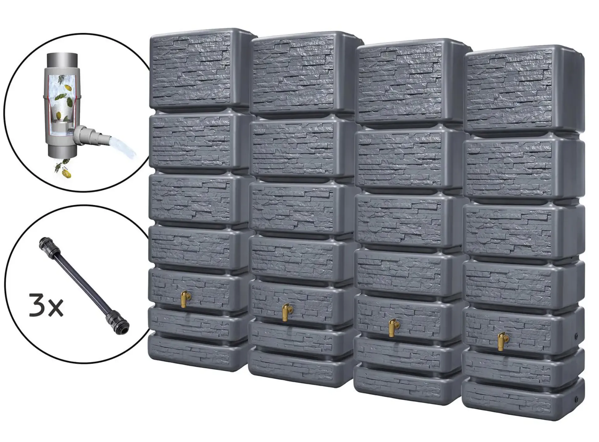 4rain Regentonne-Set Slim Stone Decor inkl. Zubehör Wandtank 1400 L graphitgrau 4 Stück