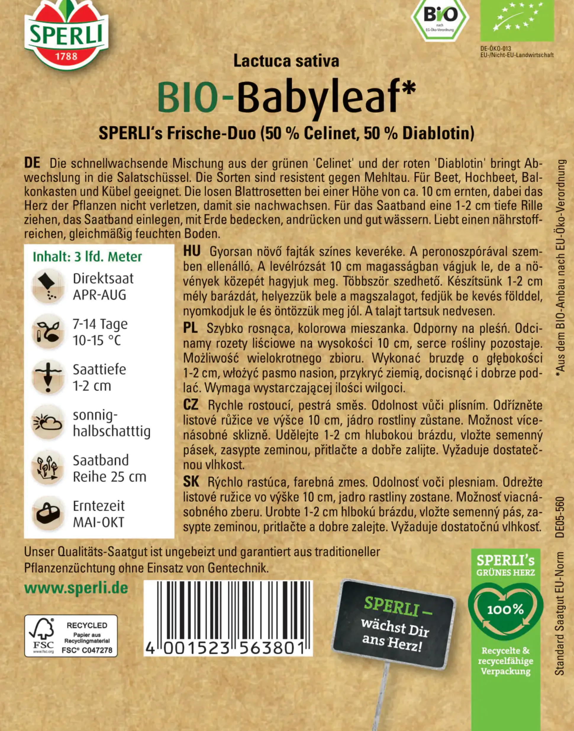 Sperli BIO Babyleafsalat Mischung Saatband