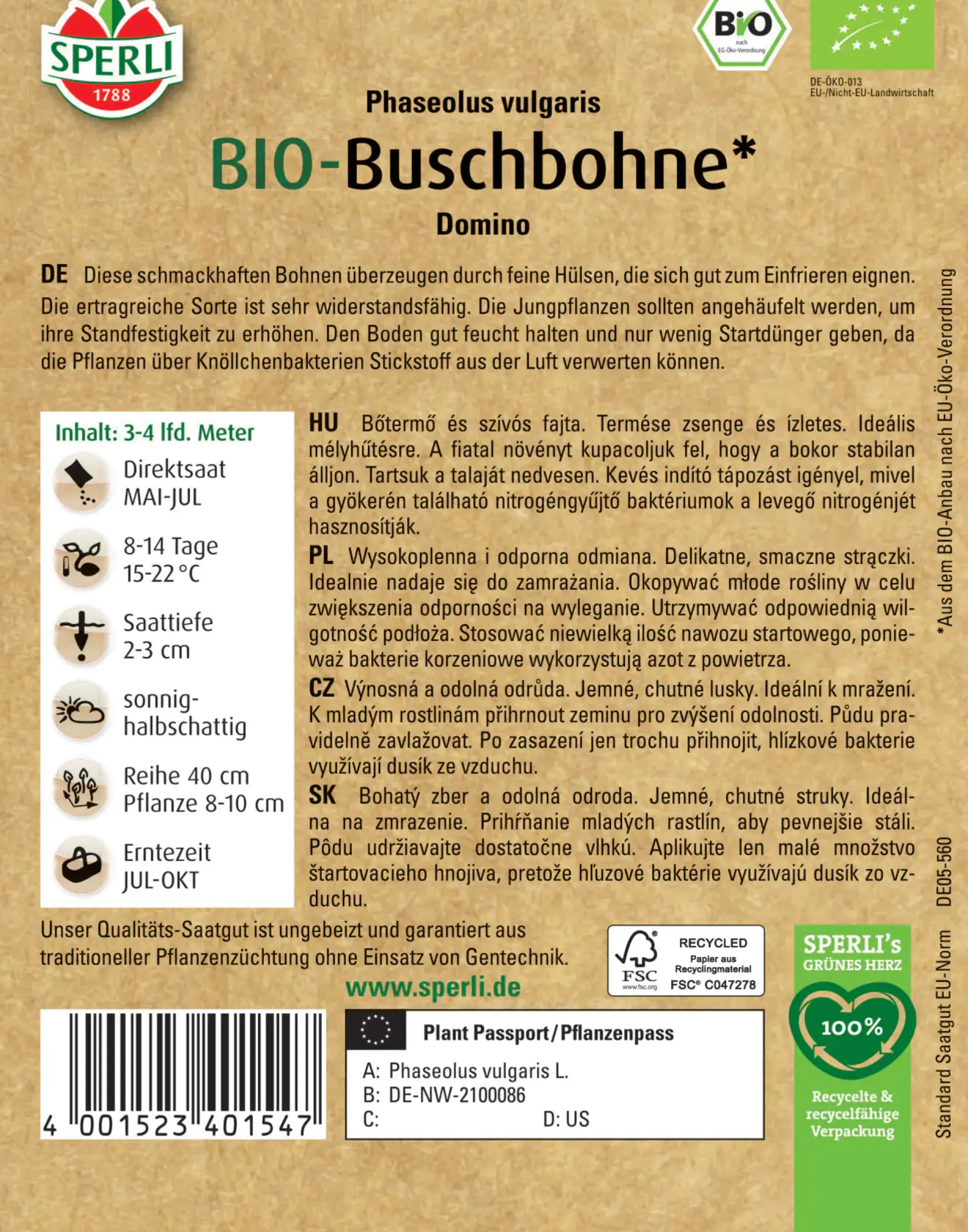 Sperli BIO Buschbohne fein