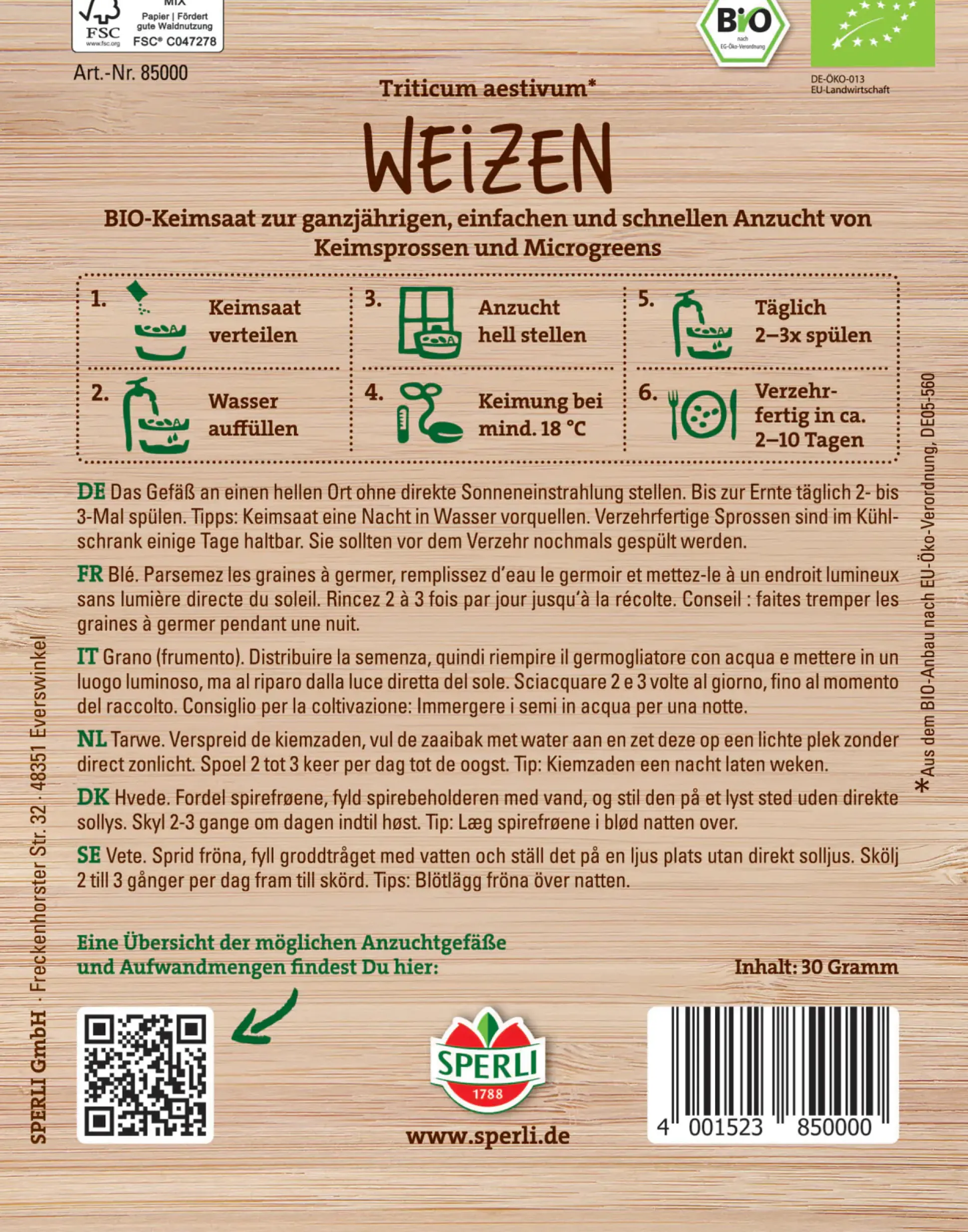 Sperli BIO Keimsprossen-Saat Weizen